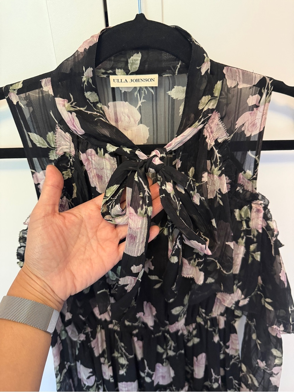 Ulla Johnson Marion Dress Silk Chiffon Cold Shoulder Black w Blush Floral Size 0 - Picture 8 of 14